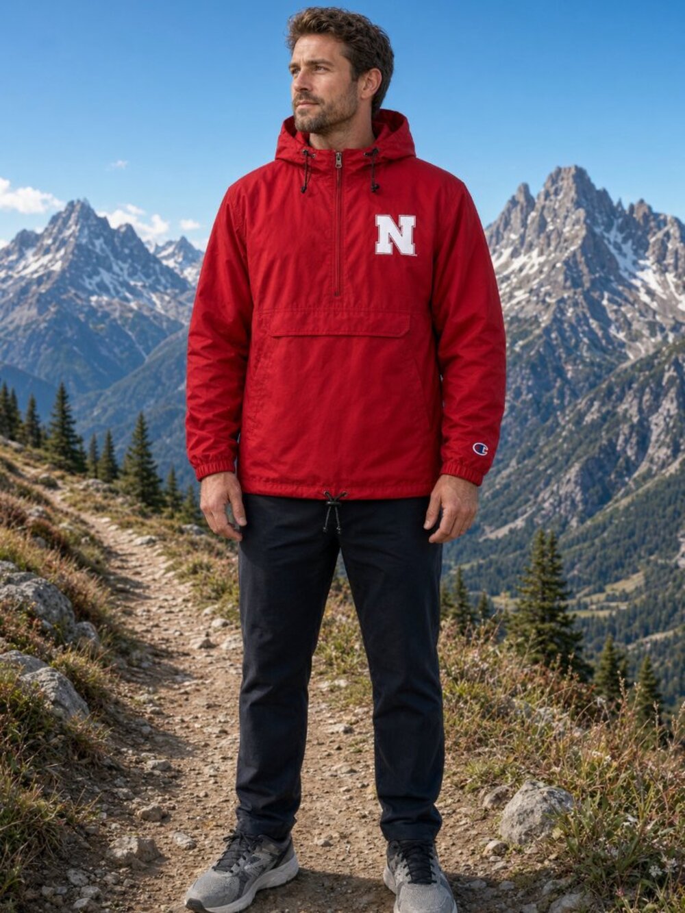 Champion Men Red Anorak Windbreaker Sport Casual Quarter Zip Logo US S